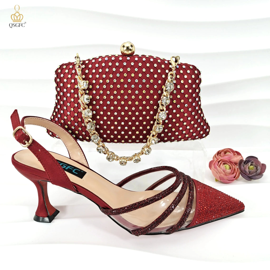 QSGFC Italian Design Nigeria New Trendy Full Diamond Embellished High Heels Peach Color Women's Bag and Shoes For Party Wedding