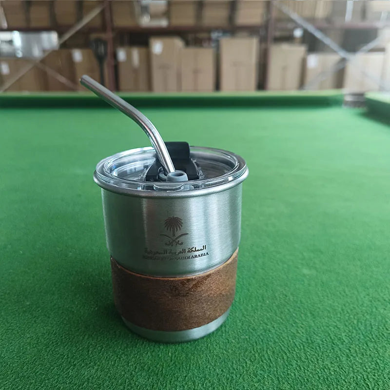 National Emblem of Saudi Arabia Logo Stainless Steel Cup Beer Mug with Lid wood 300ml Outdoor Camping Coffee Mug Includes straw