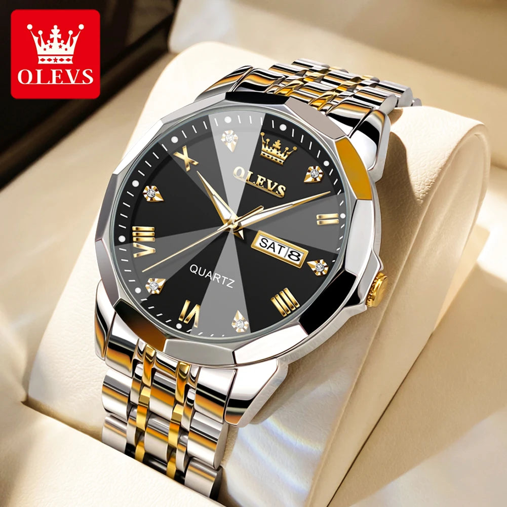 OLEVS Men's Watches Rhombus Mirror Original Quartz Watch for Man Waterproof Luminous Stainless Steel Wristwatch Male Date Week