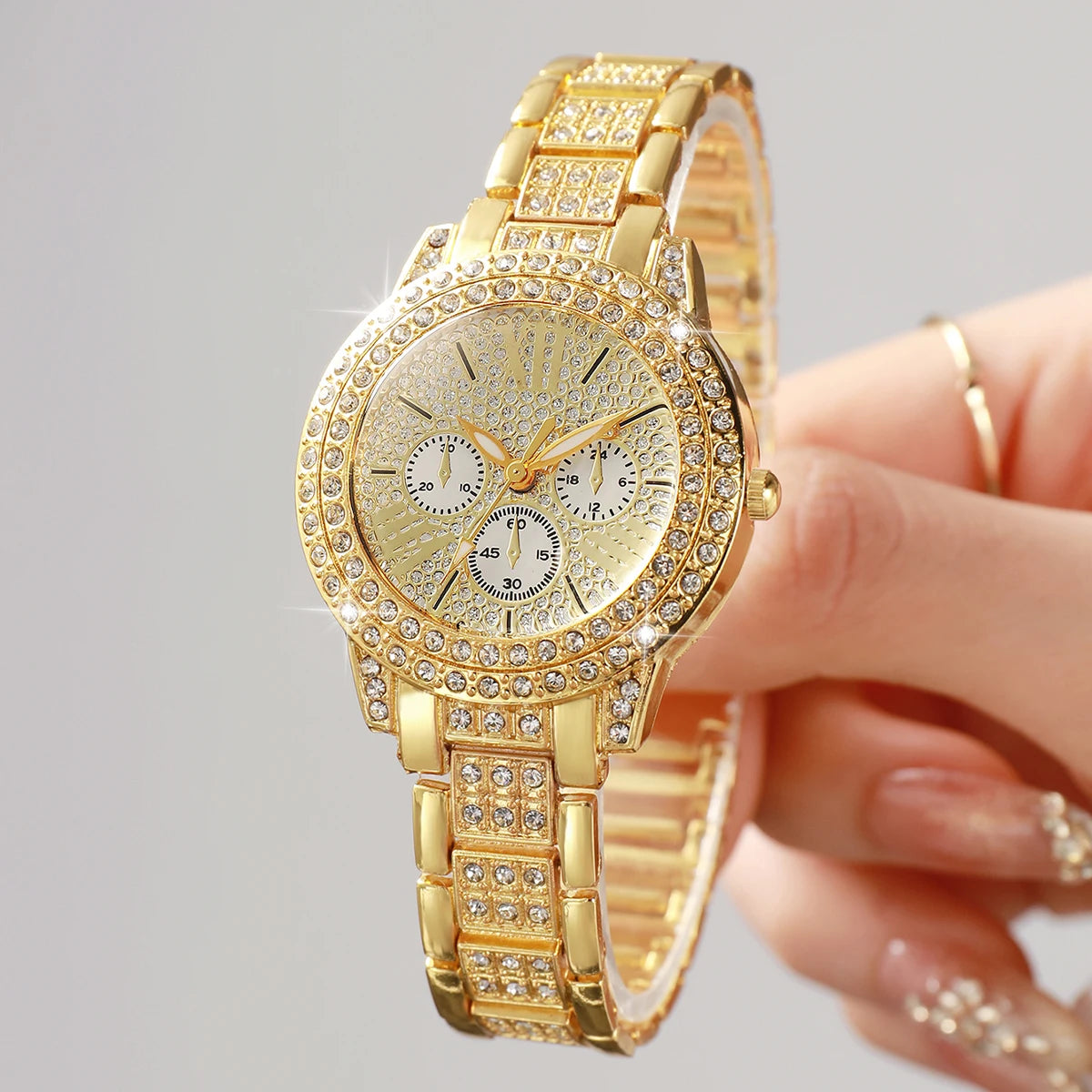 2PCS Luxury Full Diamond Women Watches Bracelet Set Fashion Decorative Three-eyes Ladies Quartz Wristwatch (Without Box)