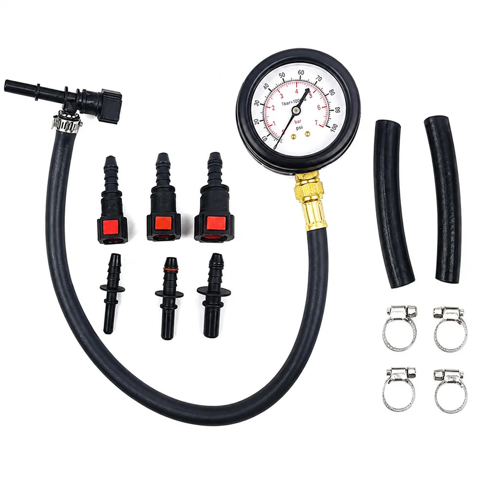 HTMCK Auto & Motorcycle Pressure Test Gauge Kit 0-100PSI with Valve, 63mm Dial, 789mm 949mm Hoses, Vehicle Maintenance Measuring