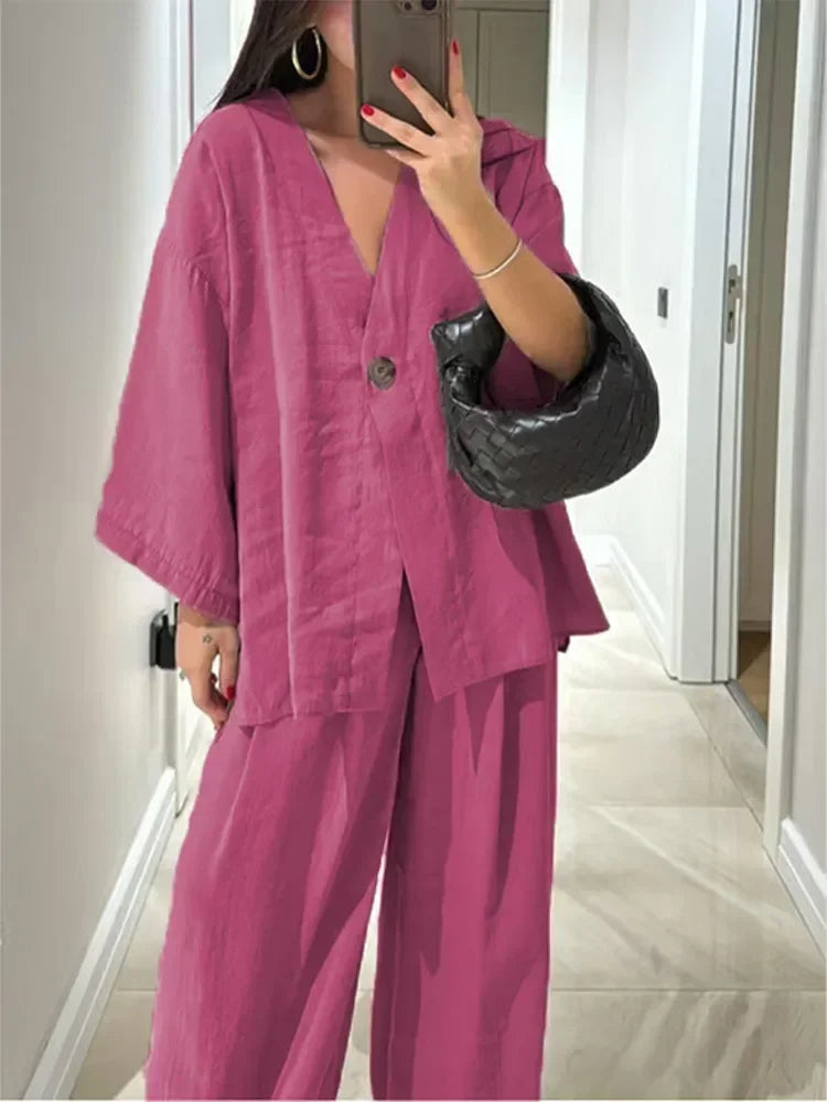 Cozy Cotton Linen Women's 2 Piece Set Casual V Neck Single Button Shirt Wide Leg Pants Suit Lady Summer Commute Streetwear 2025