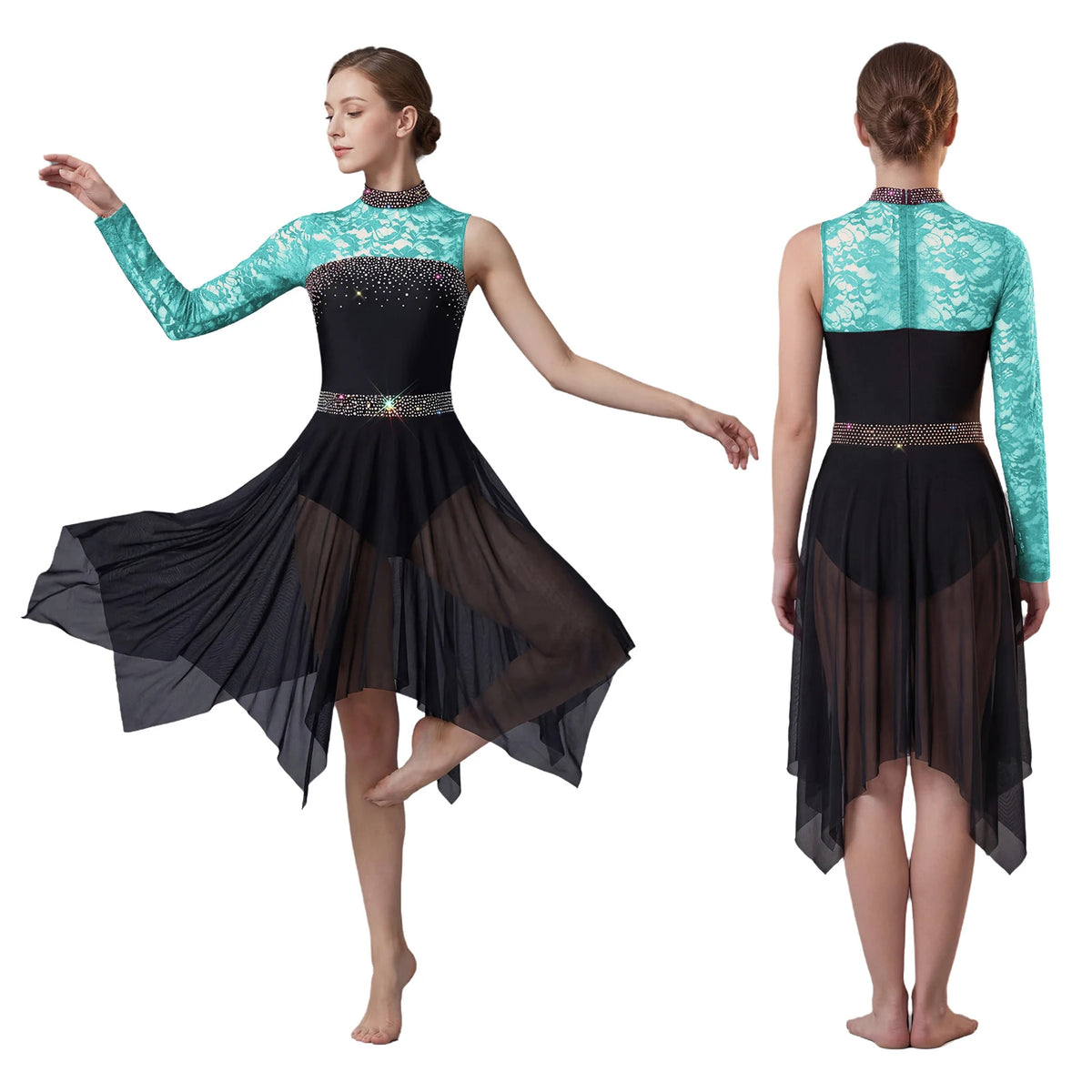 Women Lyrical Figure Skating Dance Dress Rhinestones Ballet Waltz Contemporary Dancewear Floral Lace Long Sleeve Mesh Leotard