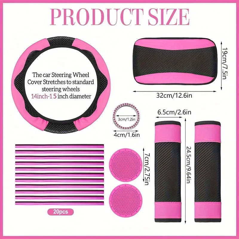 Deluxe Pink Car Seat Cover Set: Steering Wheel Cover, Cup Holder, Armrest Cushion, Seat Belt Cover, for Most Cars, SUVs And Trucks - The Perfect Choice for Stylish Ladies