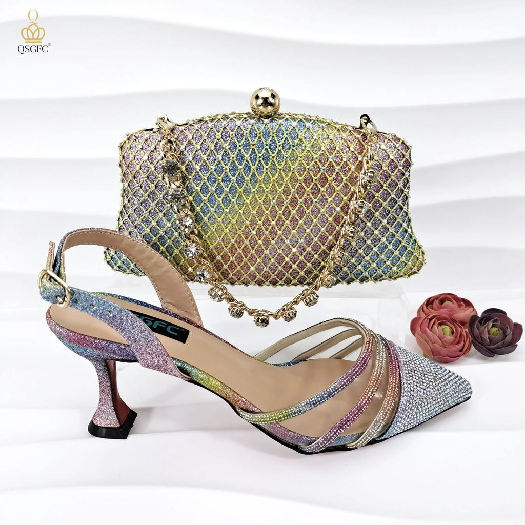 QSGFC Italian Design Nigeria New Trendy Full Diamond Embellished High Heels Peach Color Women's Bag and Shoes For Party Wedding