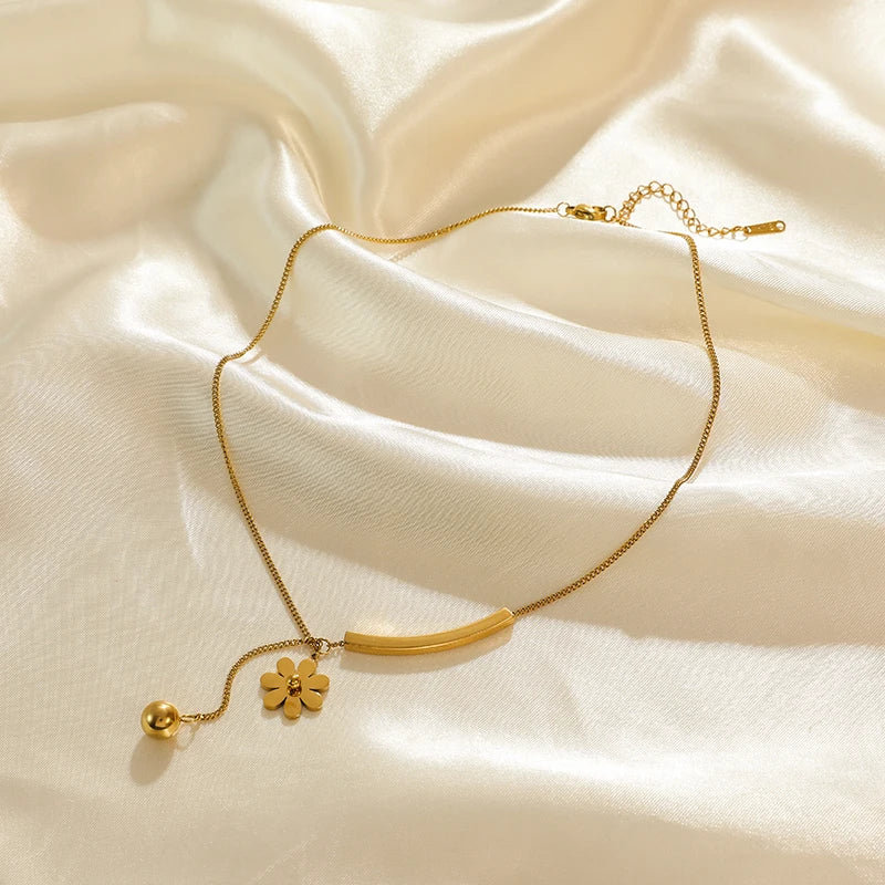EILIECK 316L Stainless Steel Metal Sphere Flower Tassel Necklace Fashion Jewelry for Women Waterproof Clavicle Hanging Chains