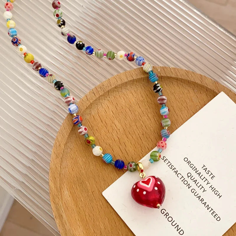 ZAKOL Dopamine Colorful Glass Bead Heart-shaped Pendant Necklaces for Women Sweet Collarbone Chains Necklace Trendy Accessories