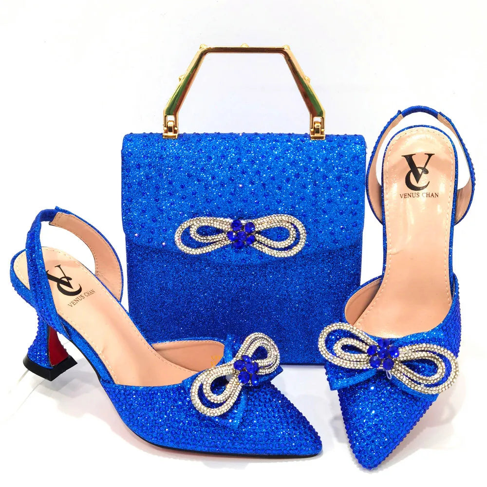 2022 Latest Italian Design African Women's High Heel Pointed Toe Sandals Party Wedding Party Fuchsia Color Shoes and Bags Set
