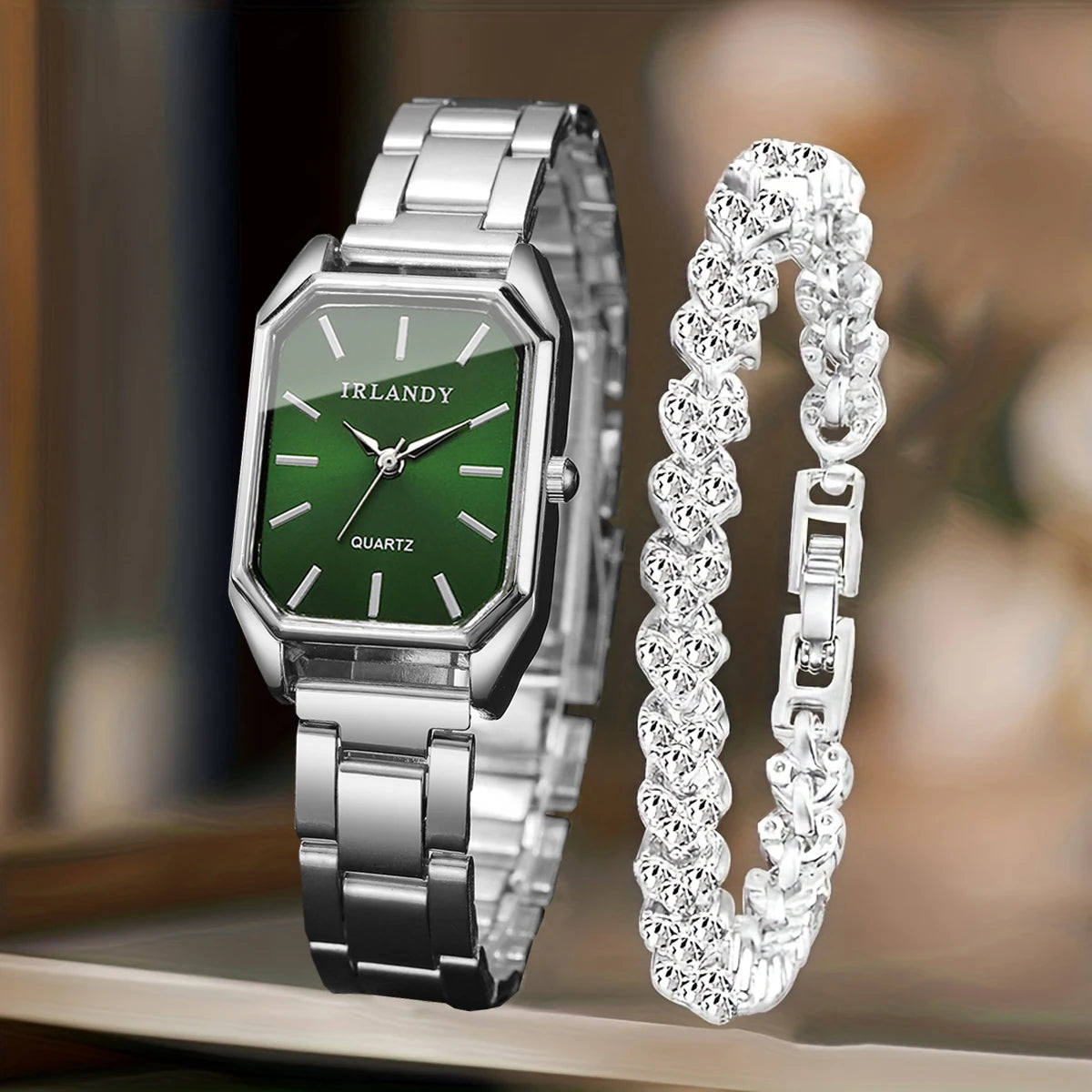 2PCS Fashion Rectangle Women Quartz Watch Rhinestone Bracelet Set Elegant Ladies Wristwatches Relogio Feminino（Without Box）