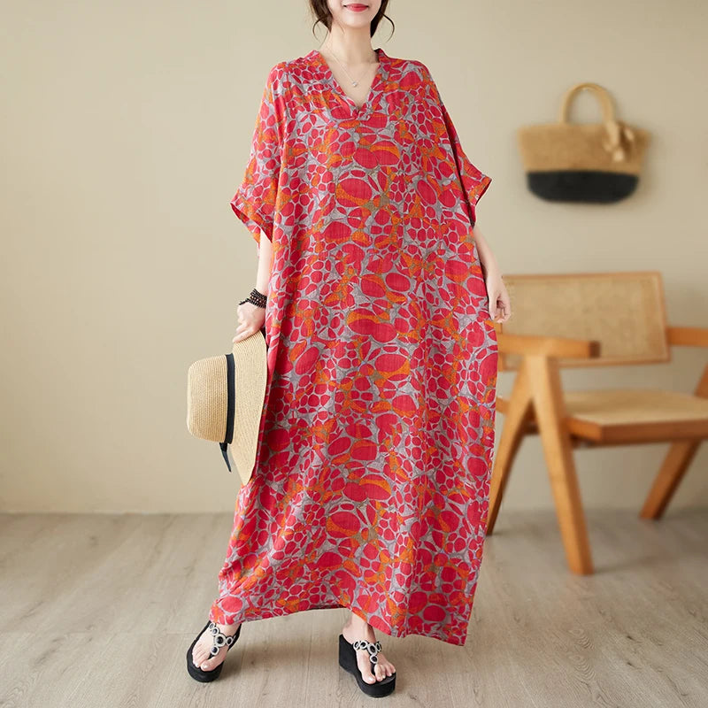 V-Neck Loose Cotton Linen Beach Skirt Summer Casual Long Dress Cover up Retro Style Holiday Fashion plus Size Women's Dress