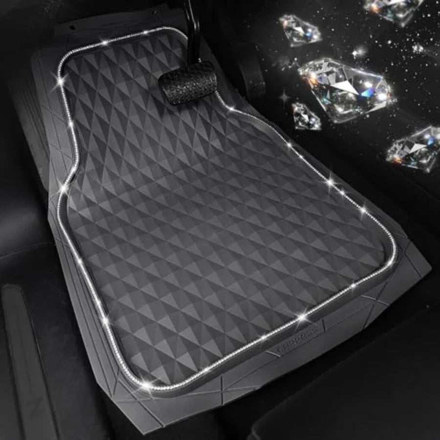 Bling Diamond Rubber Car Mats for All-Weather Use, Gray Heavy Duty Deep Dish 3D Rhombus Waterproof Anti-Slip Floor Mat Set with