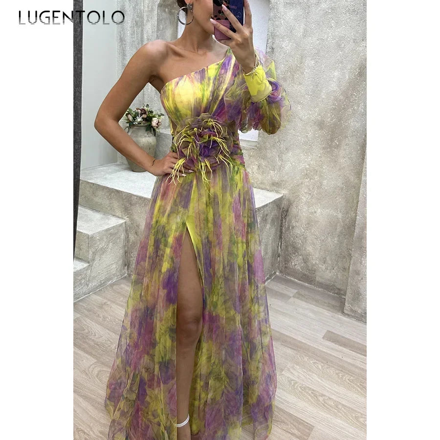 Women Sexy Party Dress Mesh Cut-outs Waist Split End Slanted Shoulders Big Swing Fashion Sleeveless Slim Floral Print Long Cloth