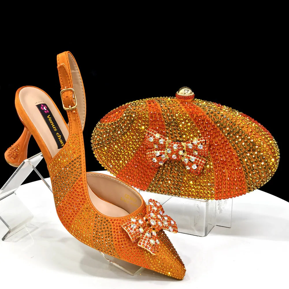 Venus Chan Green Color Pointed-Toe High Women Heels Shoes and Bags for Women Rhinestone Evening Party Elegant Luxury Handbag