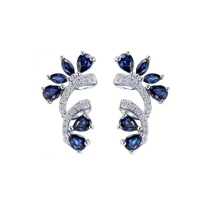 Shining Blue Zircon Flower Earrings for Women's Temperament, Banquet Jewelry, Anniversary Gift