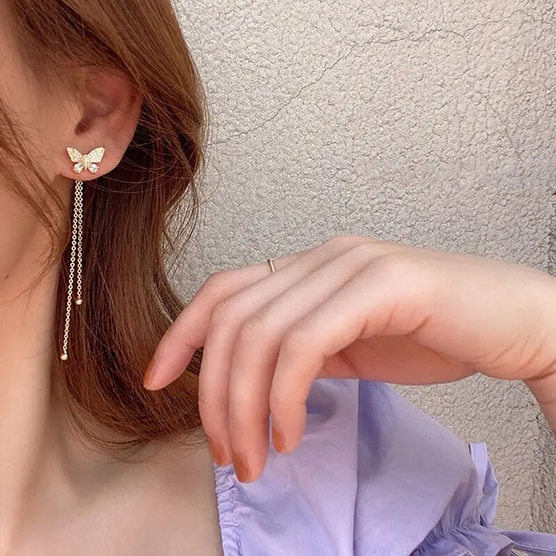 Exquisite Butterfly Long Tassel Earrings Two Ways To Wear Rhinestone Drop Earings For Women Party Wedding Jewelry Gifts K-