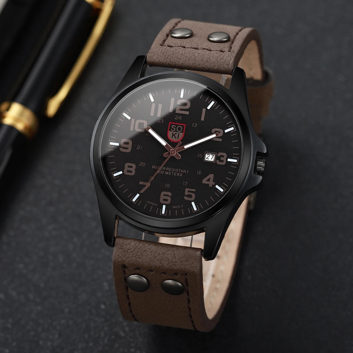 Fashion Arabic Dial Men Quartz Watch Casual Leather Strap Men's Calendar Sports Watches