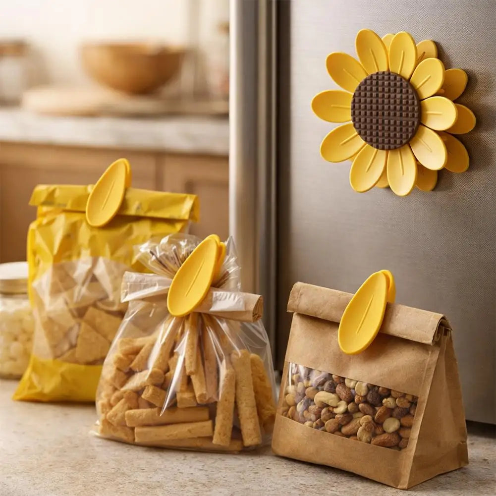 10Pcs Cute Sunflower Magnetic Food Sealing Clips With Base Airtight Chip Snack Bag Clips Kitchen Fresh Keeping Storage Note Clip