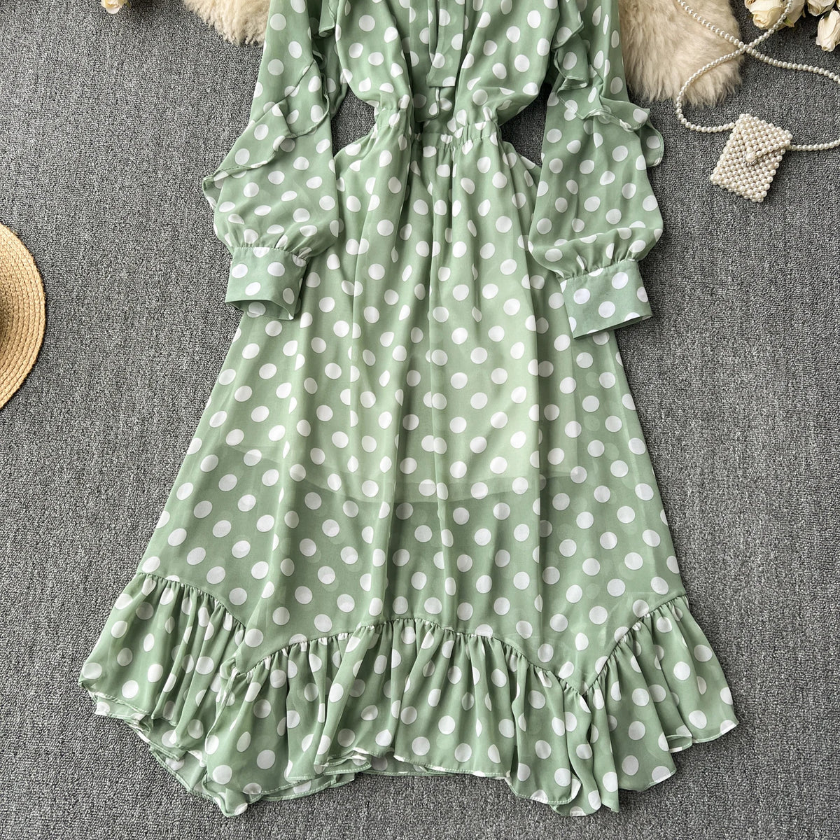 Retro Elegant Pleated Puff Sleeves dot sweet Dress Beach Vacation Casual Women A-LINE chiffon Fashion Summer basics Dresses