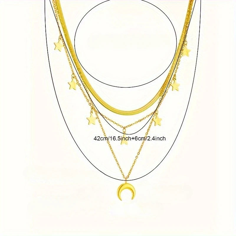 New Fashion Star Moon Pendant Multi-layer Necklace Ladies Personalized Stacking Design Holiday Jewelry Accessories