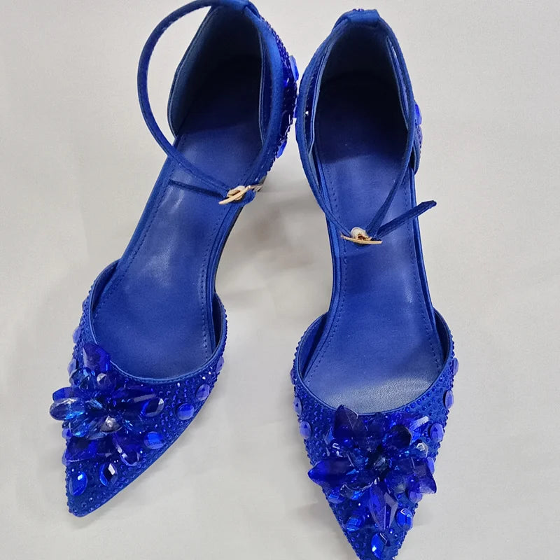 INSIGHTLINK Nigerian Women's Royal Blue Gems Heeled Sandals Rhinestone High-Heeled Shoes Weddings Party Dress Blue Stones Shoes