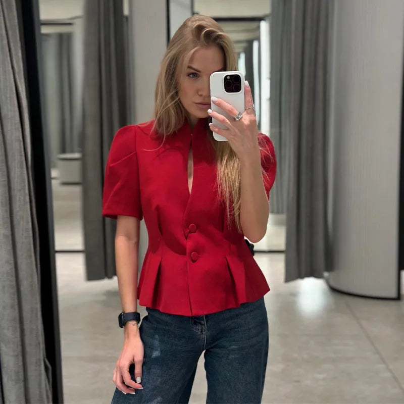 Elegant Ruffle Women's Coats Short Sleeve Hollow-out V-neck Female Jackets 2026 Summer Office Lady New Waist-cinching Lady Coat