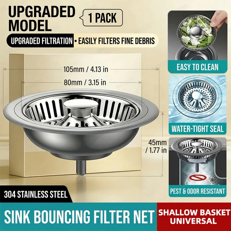 Anti Clogging Kitchen Sink Drain Strainer 304 Stainless Steel Bounce Stopper Reliable Sealing Water Plug for Old Fashioned Sinks