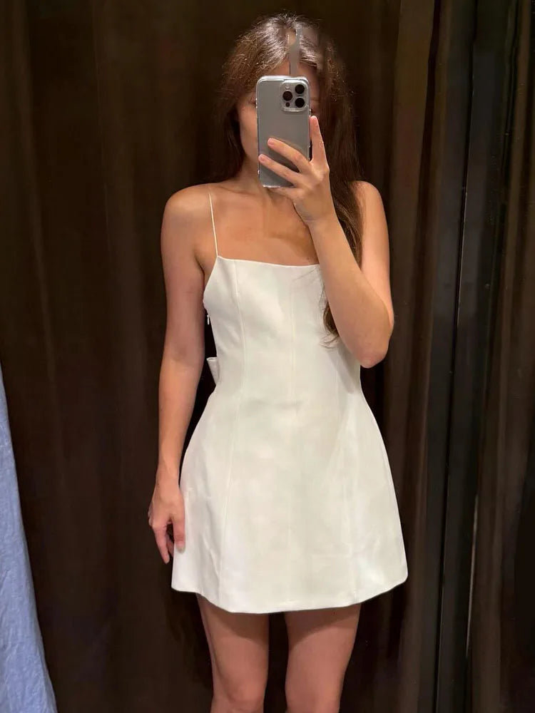 HH Woman New Fashion Back Bow Decoration Zipper Solid Sling Dress Summer Women Sexy Sleeveless Backless Party Mini Dress