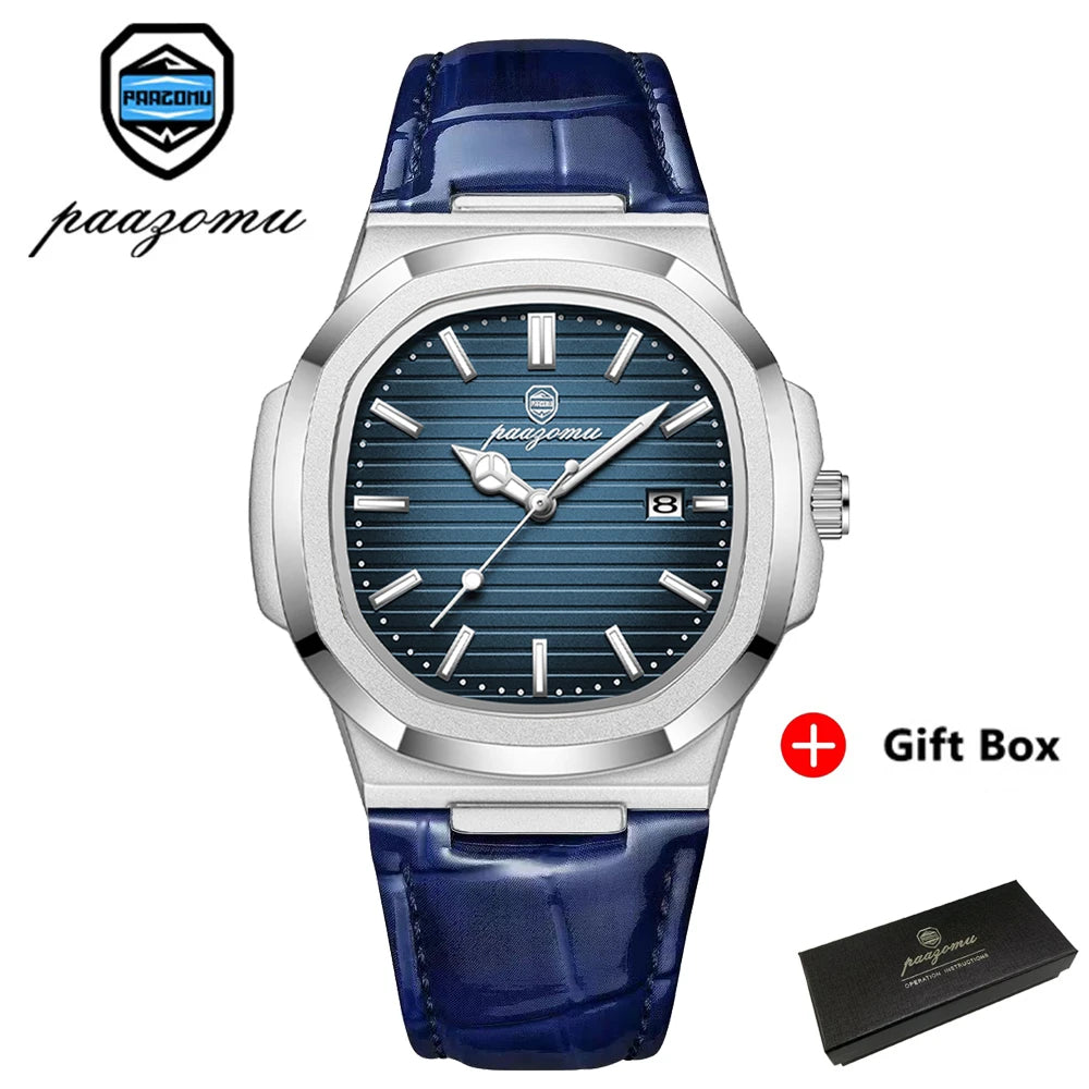 PAAZOMU Top Luxury Square Man Watch Date Waterproof Luminous Men Wristwatch High Quality Leather Men's Quartz Watches+Box Reloj