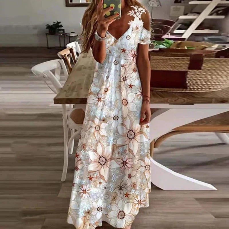 Women's Printed White Lace Sleeveless Suspender Dress Summer Fashion Casual Long Dress