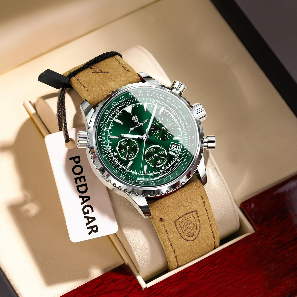 POEDAGAR Luxury Business Men's Watch Waterproof Luminous Date Chronograph Leather Man Clock Fashion Quartz Watches For Men Reloj