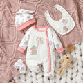 4PCS Baby Unisex Long Sleeve Round Neck Animal Print With Button Casual Jumpsuit +Bib+Hat+Gloves