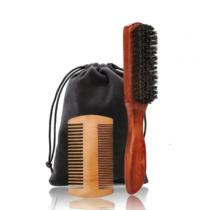 Professional Soft Boar Bristle Wood Beard Shaving Brush Men Mustache Comb Kit With Gift Bag Hairdresser Brush Hair Combs