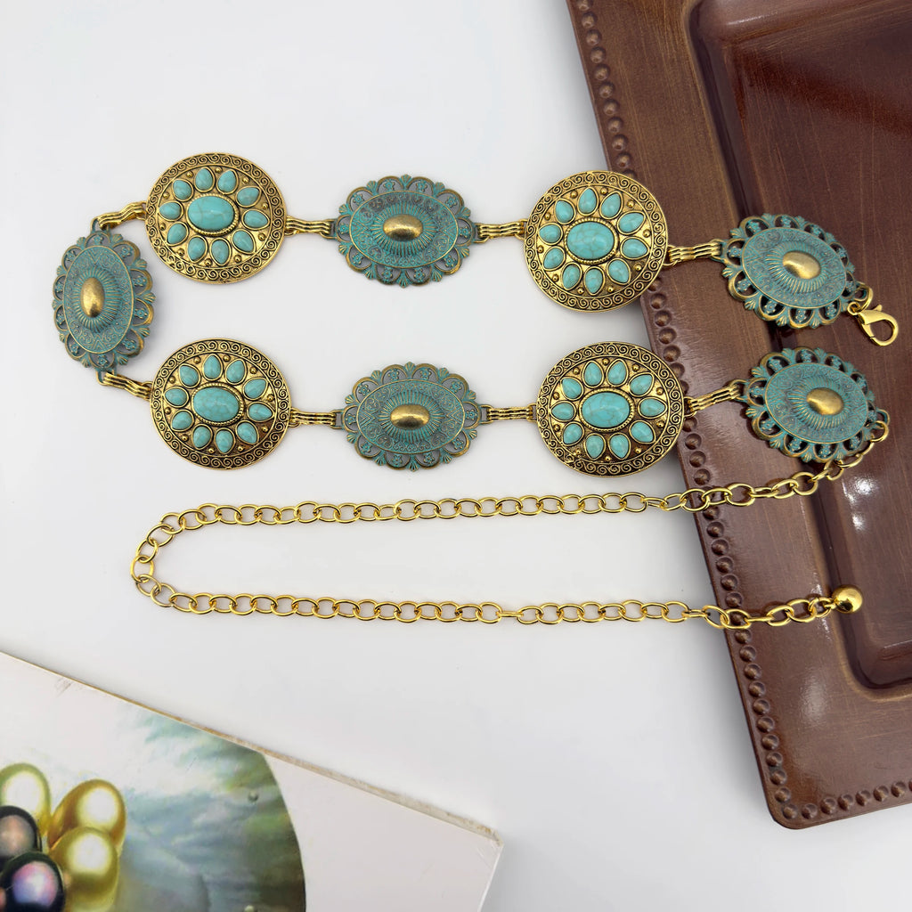 Cross-border Jewelry Turquoise Waist Chain for Women; Fashionable Bohemian Style Zinc Alloy Retro Belt; Versatile and Stylish