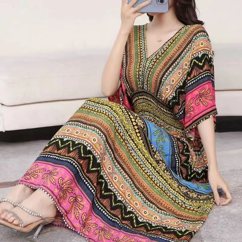 2025 Summer New Casual Elegant Retro Bohemian Style V-neck Elastic Waist Large Swing Printed Long Skirt Autumn Summer Dress