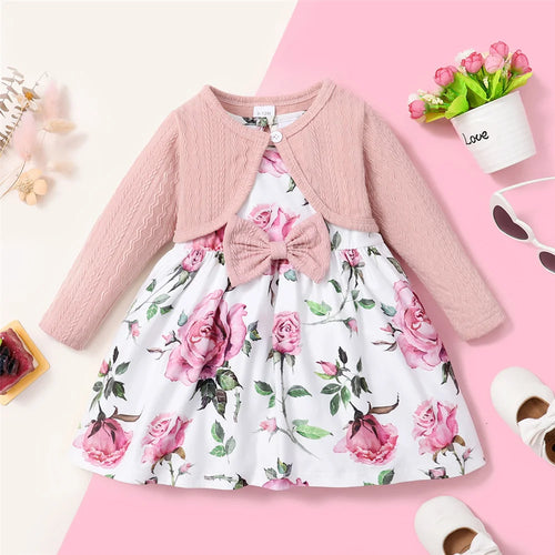 0-3 Years Toddler Baby Girl 2PCS Dress Set Plain Color Ribbed Overcoat+Floral Sleeveless Dress Fashion Lovely Style Party Wear