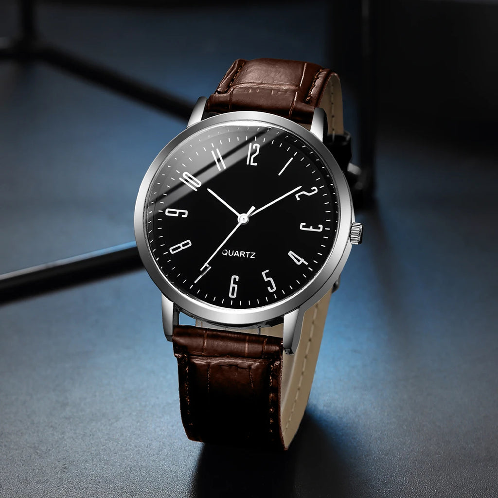 4PCS Men's Watches Casual Arabic Dial Leather Band Quartz Watch Vintage Bracelets Set（Without Box）