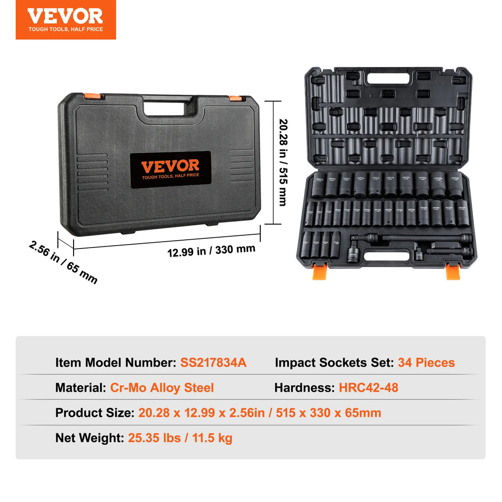 SucceBuy 1/2" 3/8" Drive Impact Socket Set 23/33/34/48/65 PCs Deep Socket Set SAE Metric Cr-V Cr-Mo Alloy Steel for Auto Repair