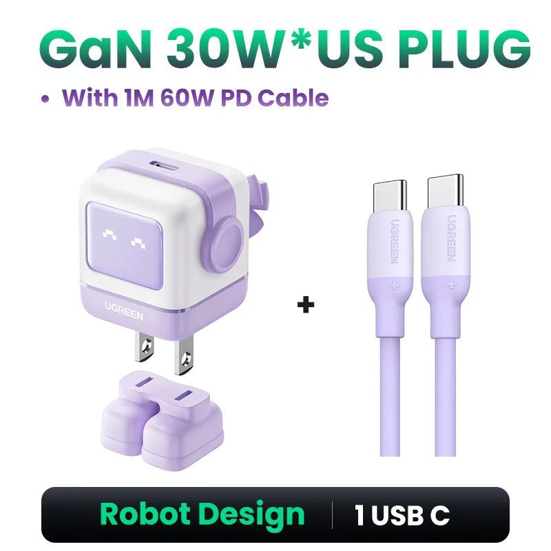【US Plug】UGREEN 65W 30W GaN Charger Robot Design PD3.0 Fast Charger QC4.0 3.0 PPS for iPhone 18 17 16 Pro Macbook Laptop Table