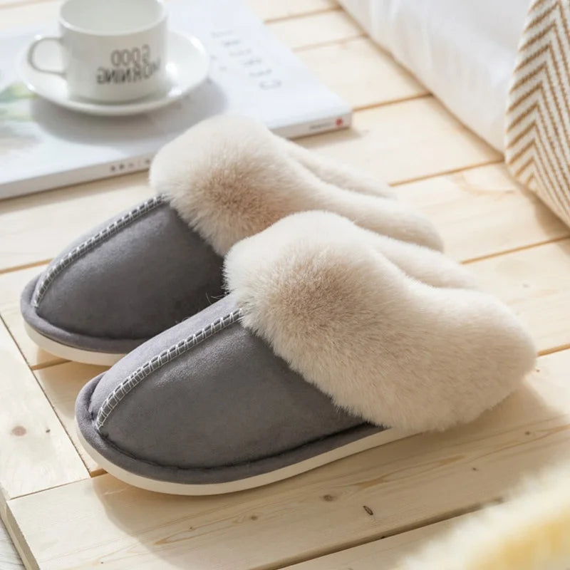 Plus Size 36-47 Women Slippers Furry Winter Warm Home Shoes Men Couples house floor slides Slip On Footwear Comfortable soft