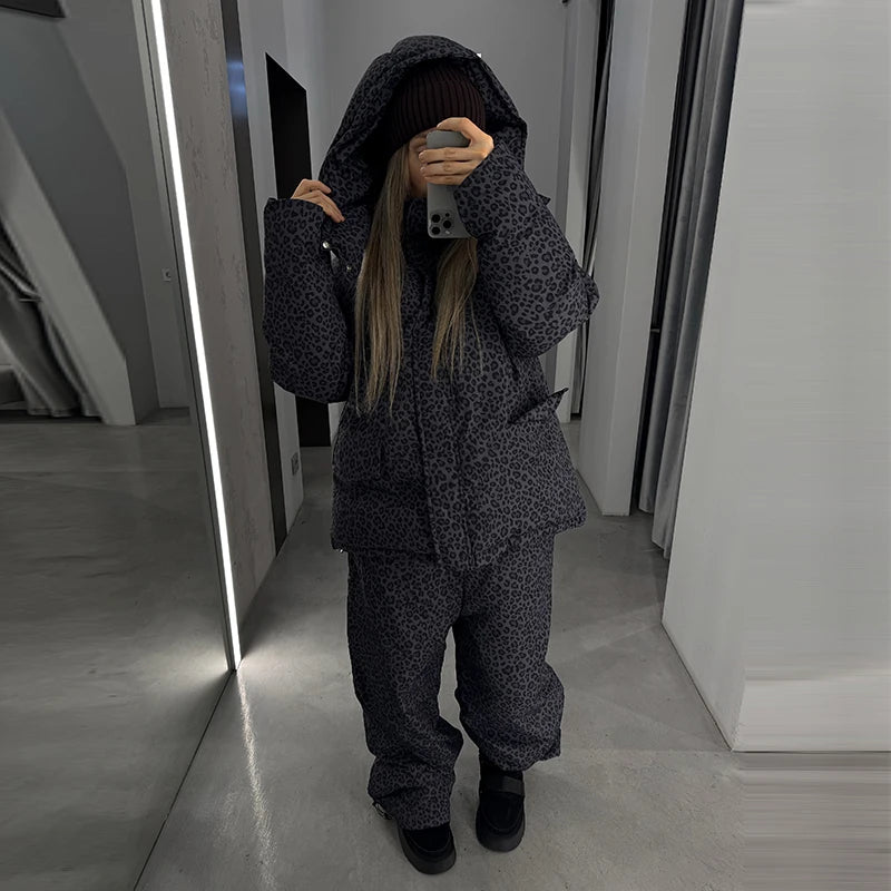 Fashion Women's Stripe Cotton Padded Coat Pant Set Loose Full Sleeve Hooded Zipper Jacket Elastic Waist Pants 2026 Winter Suits