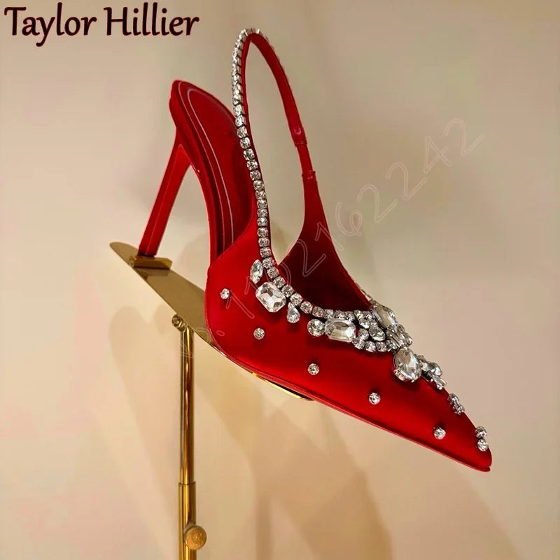 Spring New Pink Rhinestone Pumps Women'S Elegant Satin Stiletto High Heels Fashion Back Strap Luxury Dress Evening Pumps Sandals