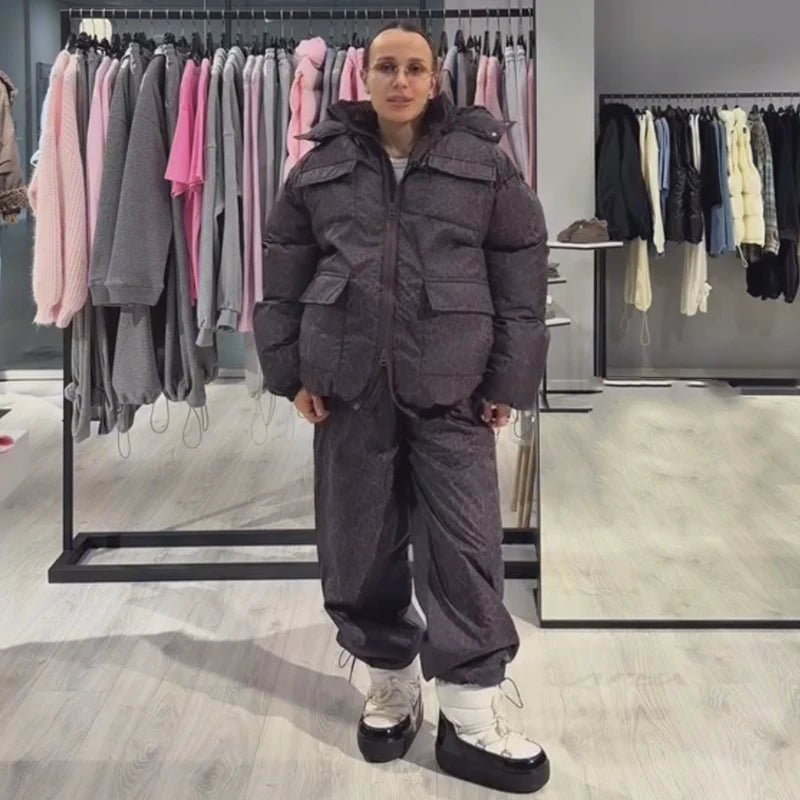 Women Leopard Print 2‑Piece Outfit Hooded Puffer Coat Wide Leg Pants Set Loose Warm Winter Street  Ladies Matching Outfit Suit