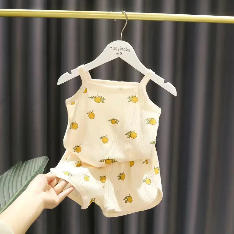 Baby Clothes Sets Summer Toddler Girl Strap Suits Cotton Printing Kids Boy Tops Tee and Shorts Infant Tracksuit Newborn Set
