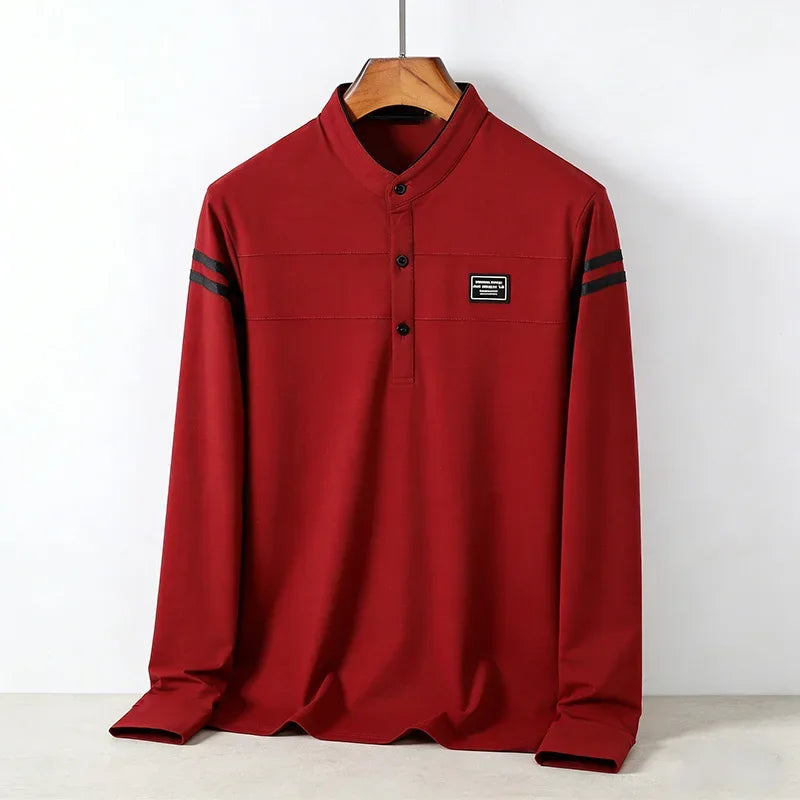 Men's Casual Slim Fit Polo Shirt Long Sleeve Stand Collar Contrast Striped Cotton Blend Tops for Daily & Business Wear