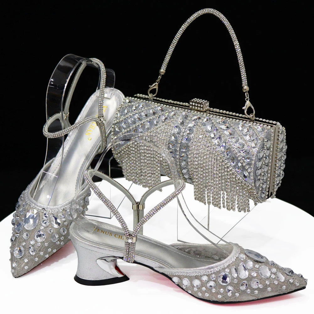 Venus Chan 2023 Newest INS Style Lace Elegant High Heels Pointed-Toe Nigeria Popular Design African Ladies Shoes And Bag Set