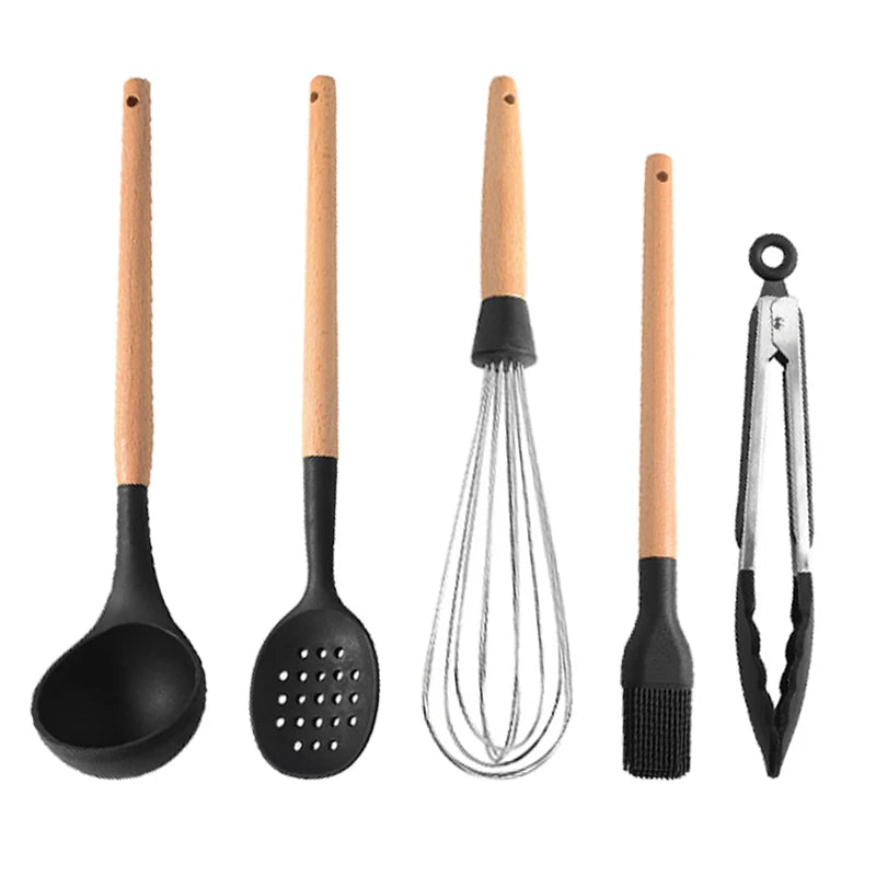 White Silicone Wooden Handle Soup Spoon Spatula Brush Scraper Pasta Egg Beater Non-stick Kitchen Cooking Tools Kitchenware