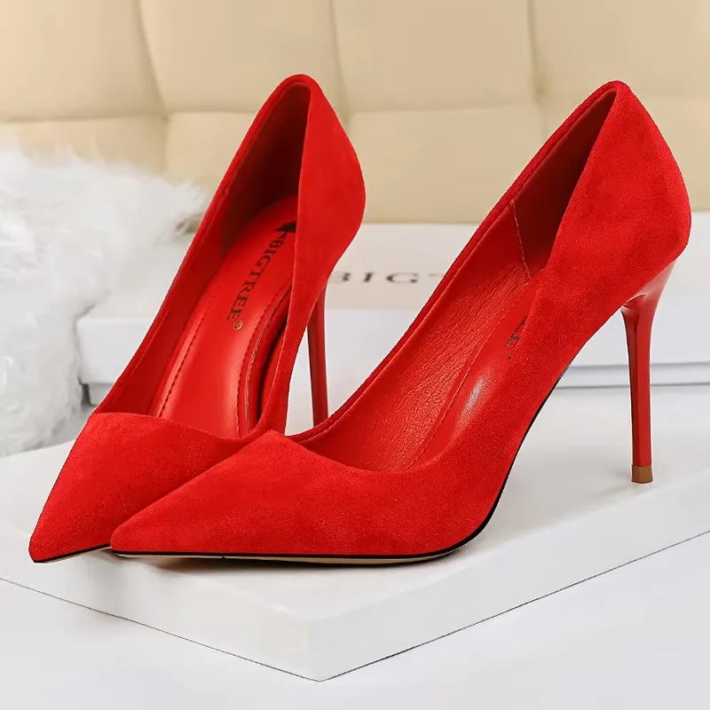 BIGTREE Shoes Women 9 Cm Heels Suede Woman Pumps Pointed Toe High Heels Stiletto Party Shoes Fashion Wedding Shoes Large Size 43
