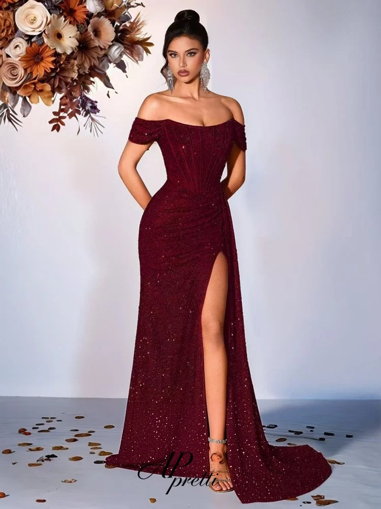 AP Pretti Women Sequin Off Shoulder High Slit Prom Dress For Wedding formal Birthday Evening Party Dresses Vestidos Customized