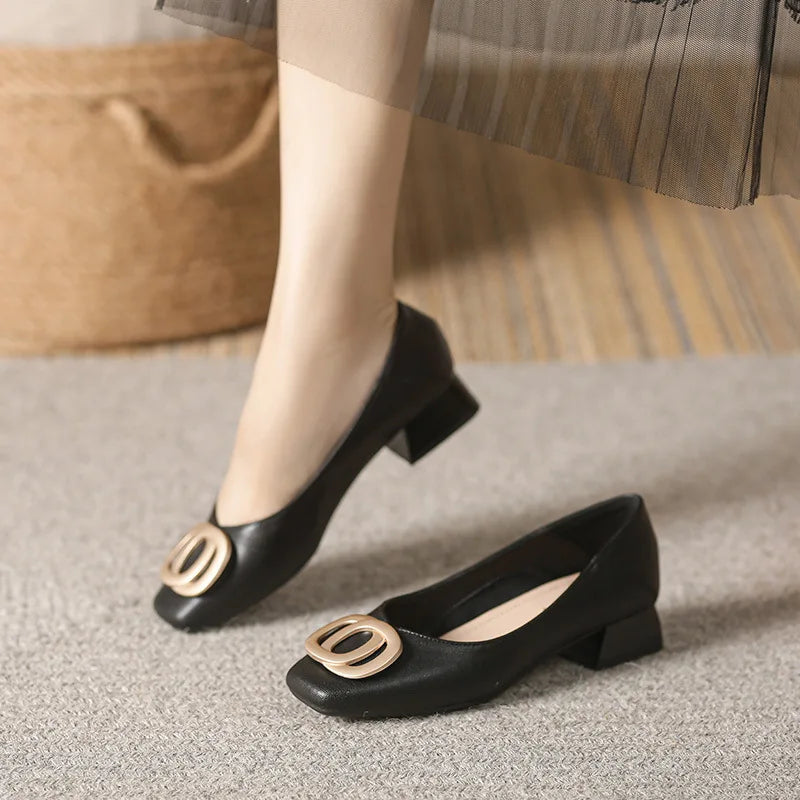 Woman Elegant Square Toe Beige Shoes Lolita Barefoot 4CM High Heel Female Metal Fitting Mary Janes Cute Designer Loafers Shoes