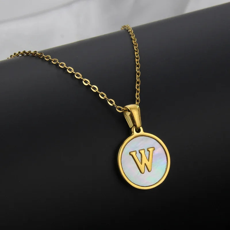 Initial Letter Necklaces for Women Trendy Stainless Steel Circle Couple Pendant Inlaid Shell Jewelry